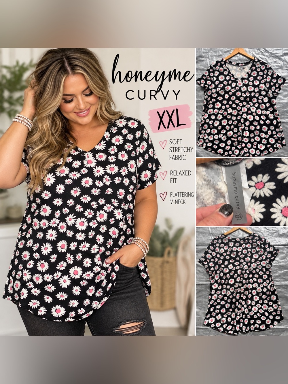 HoneyMe Curvy XXL Black Daisy Floral V-Neck Tunic Top
